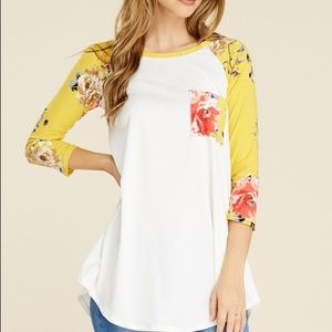 3/5 sleeve ivory:yellow floral raglan t shirt